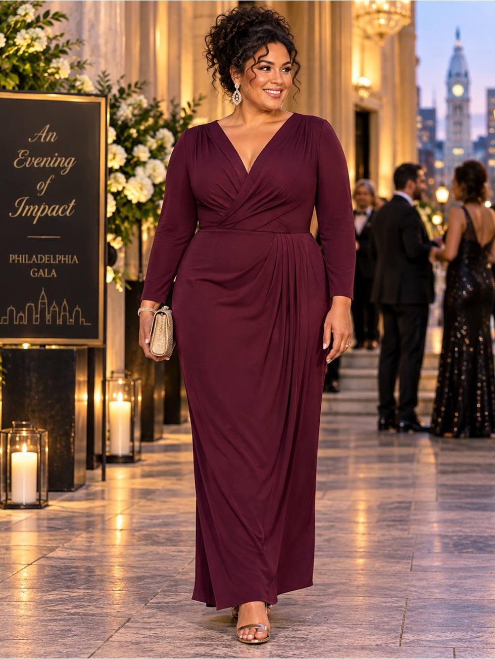 Betsy & Adam Burgundy Matte Jersey Long Sleeve Gala Gown Dress 22W NWT